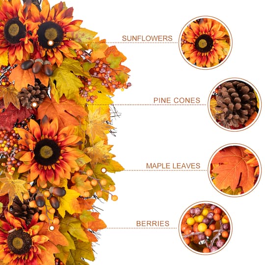 Glitzhome® 38" Oversized Fall Sunflower Teardrop Swag